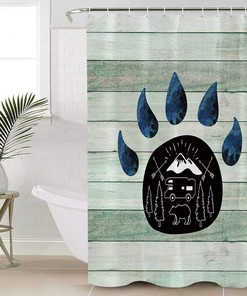 Retro Style Happy Camping Green Wood-Grain Bear's-Paw Shower Curtain for Bathroom Decor