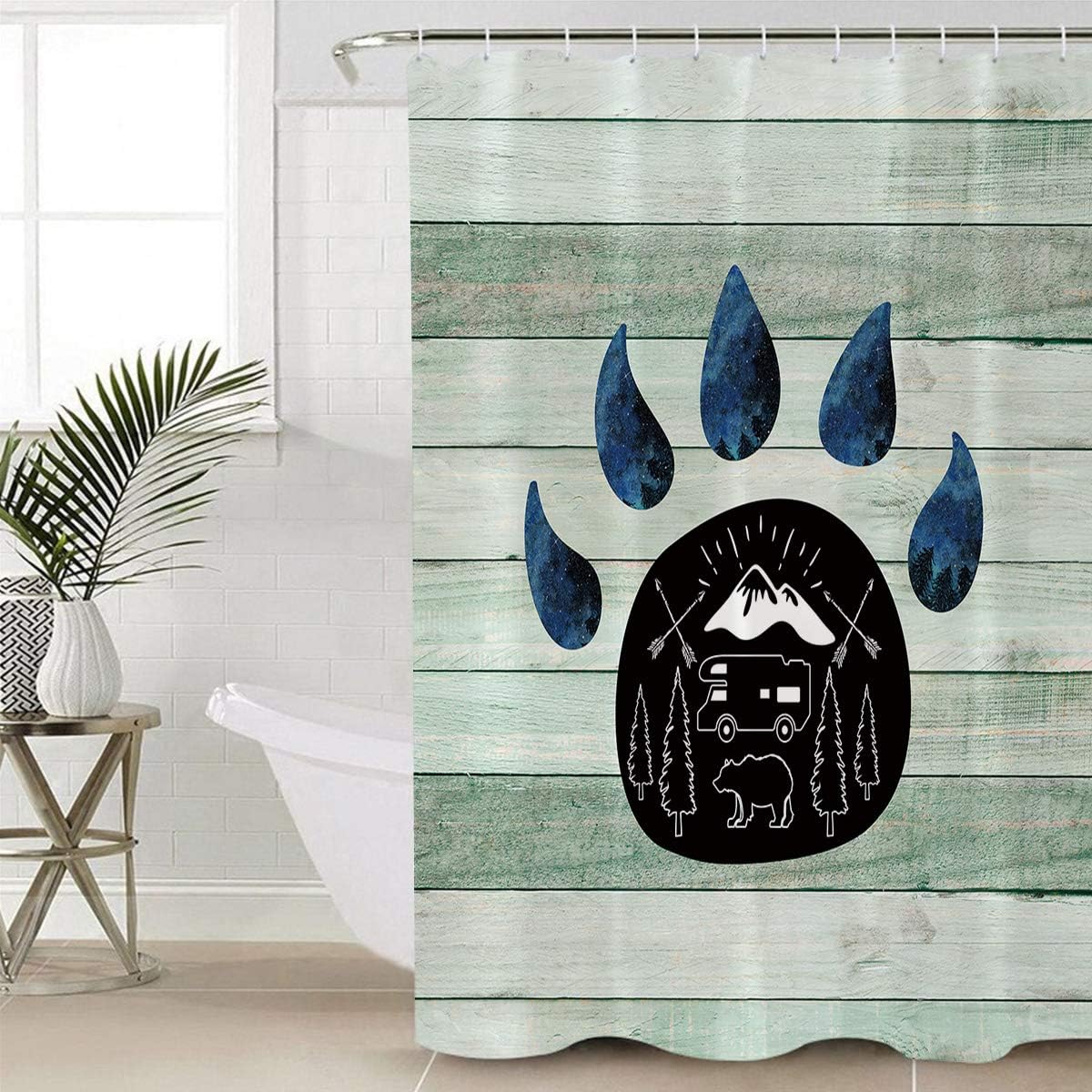 Retro Style Happy Camping Green Wood-Grain Bear's-Paw Shower Curtain for Bathroom Decor