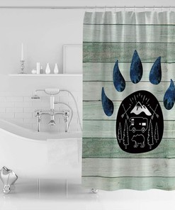Retro Style Happy Camping Green Wood-Grain Bear's-Paw Shower Curtain for Bathroom Decor