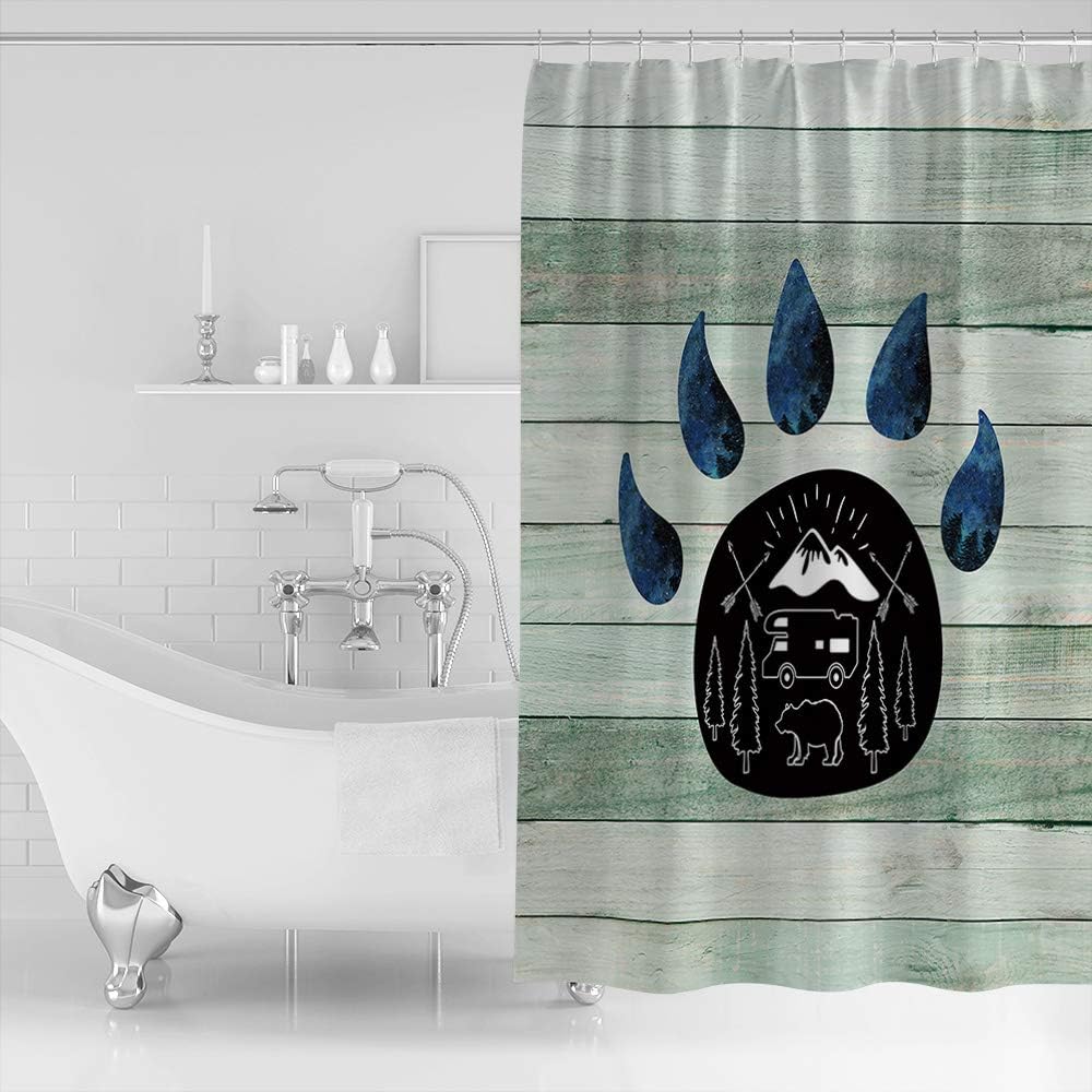 Retro Style Happy Camping Green Wood-Grain Bear's-Paw Shower Curtain for Bathroom Decor