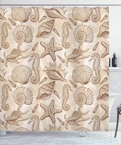 Retro Style Marine Animals Shower Curtain In Eggshell Brown And White