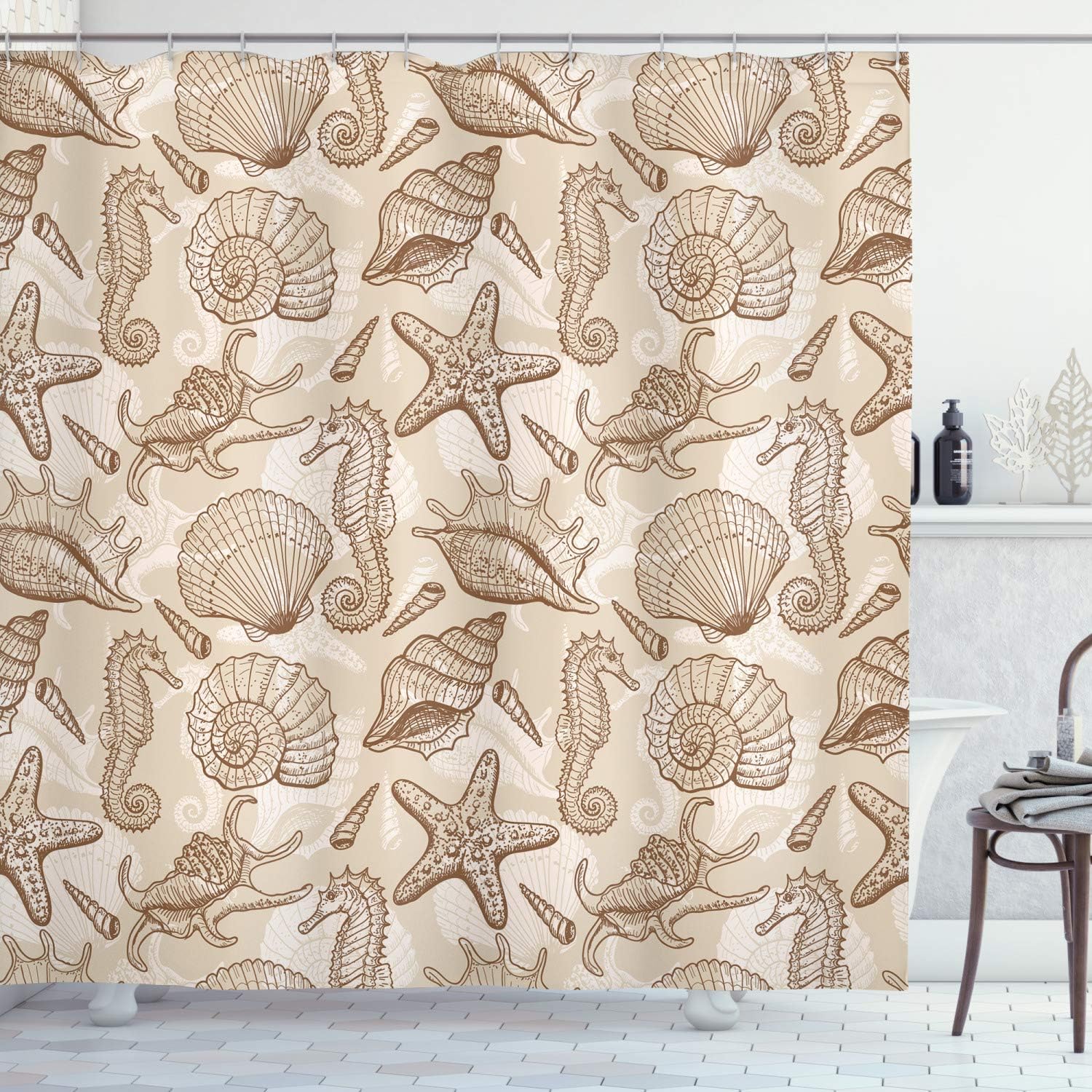 Retro Style Marine Animals Shower Curtain In Eggshell Brown And White