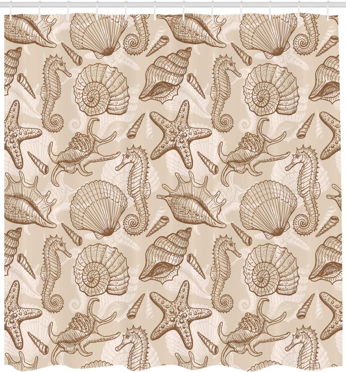 Retro Style Marine Animals Shower Curtain In Eggshell Brown And White - Image 2