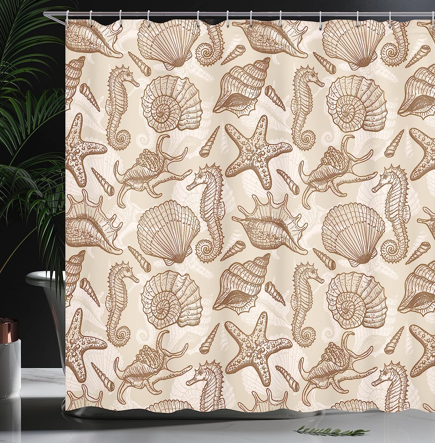 Retro Style Marine Animals Shower Curtain In Eggshell Brown And White - Image 3