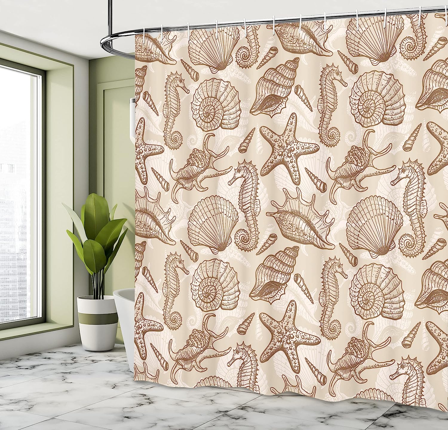 Retro Style Marine Animals Shower Curtain In Eggshell Brown And White - Image 4