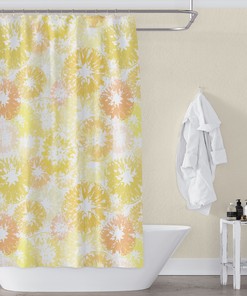 Retro Style Yellow Citrus Shower Curtain with Fun Art Print of Lemons and Oranges for a Boho Bath