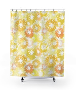 Retro Style Yellow Citrus Shower Curtain with Fun Art Print of Lemons and Oranges for a Boho Bath