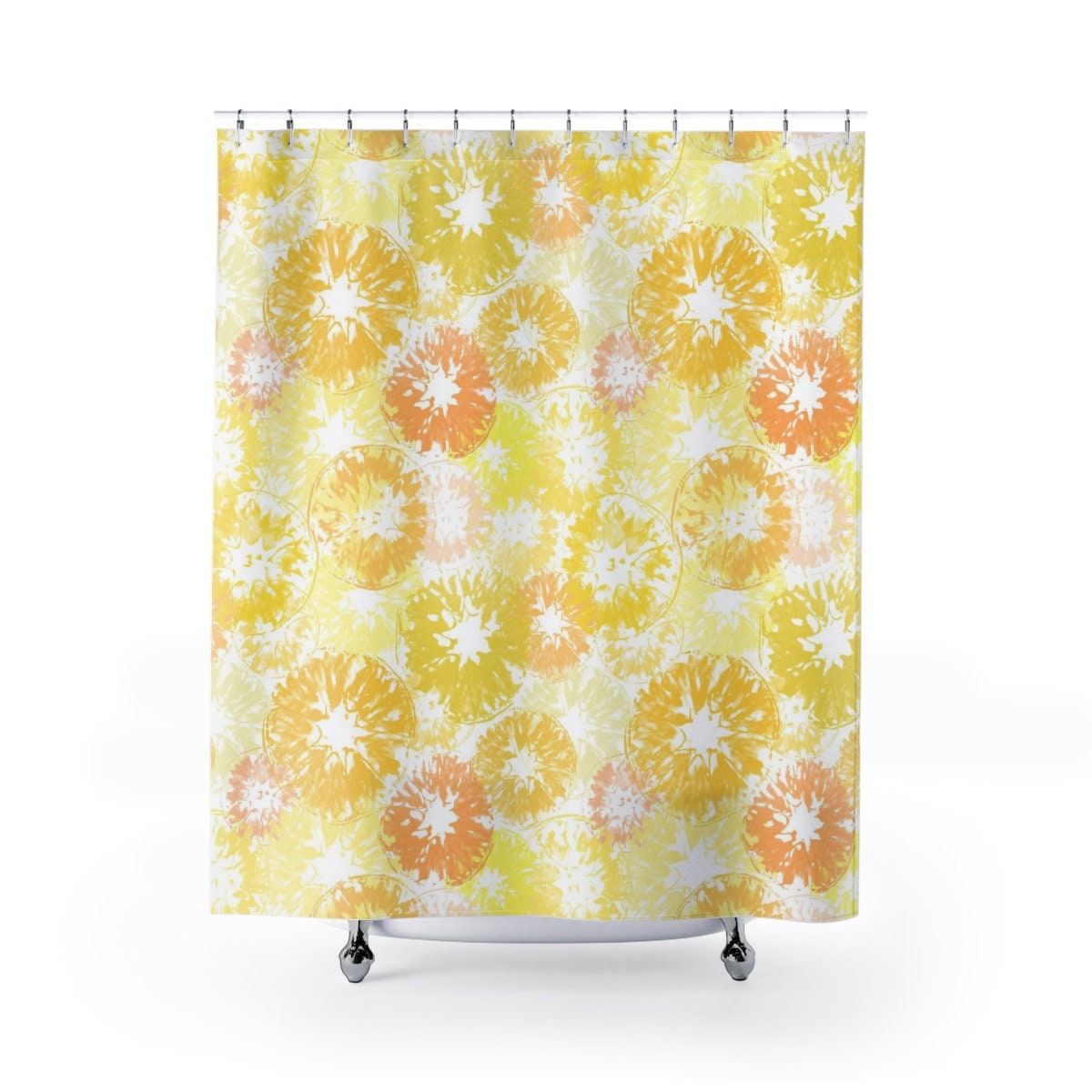 Retro Style Yellow Citrus Shower Curtain with Fun Art Print of Lemons and Oranges for a Boho Bath