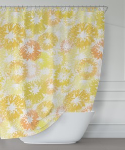 Retro Style Yellow Citrus Shower Curtain with Fun Art Print of Lemons and Oranges for a Boho Bath