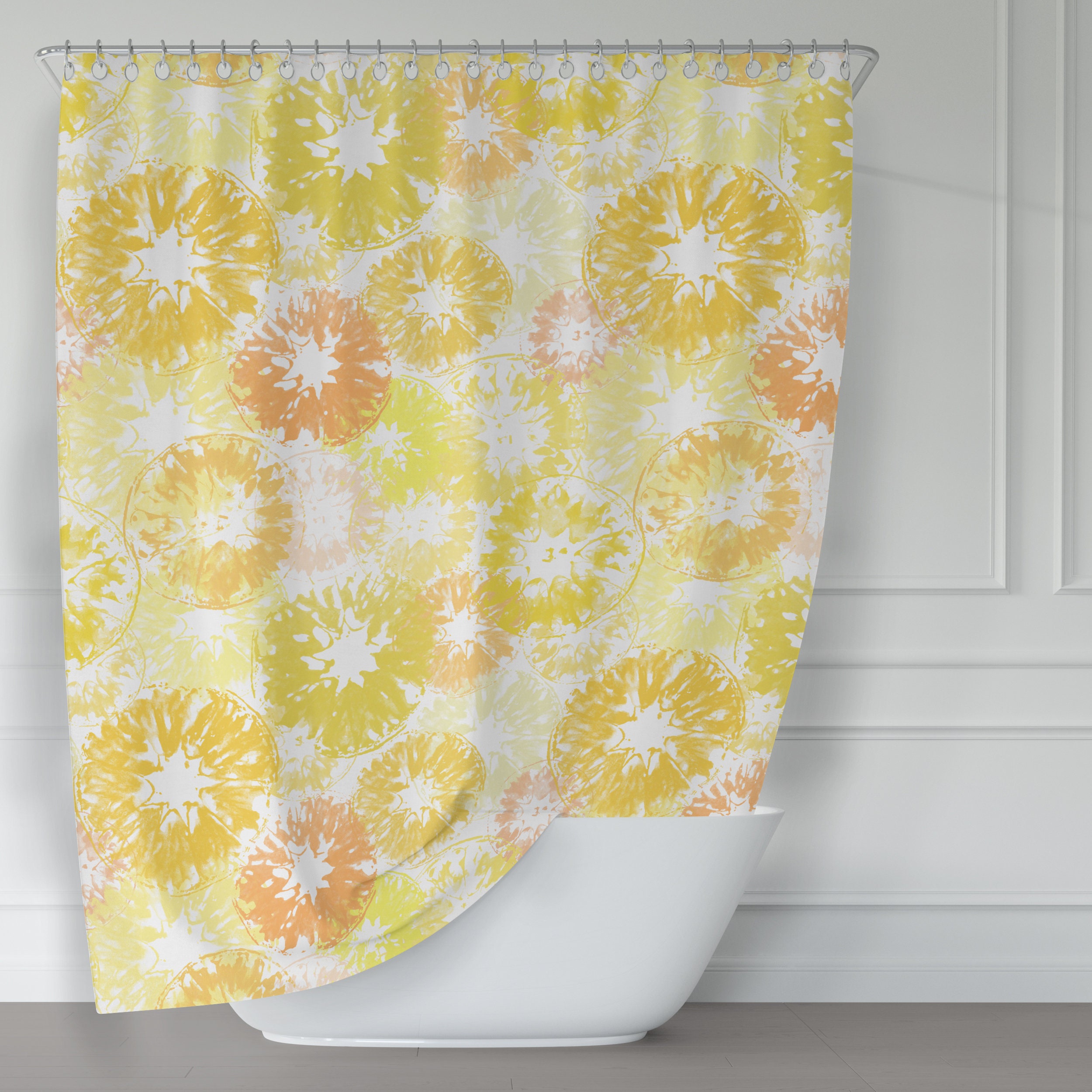 Retro Style Yellow Citrus Shower Curtain with Fun Art Print of Lemons and Oranges for a Boho Bath