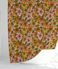 Retro Summer Floral Shower Curtain with Boho Aesthetic Flowers - Cute Bath Accessories Set