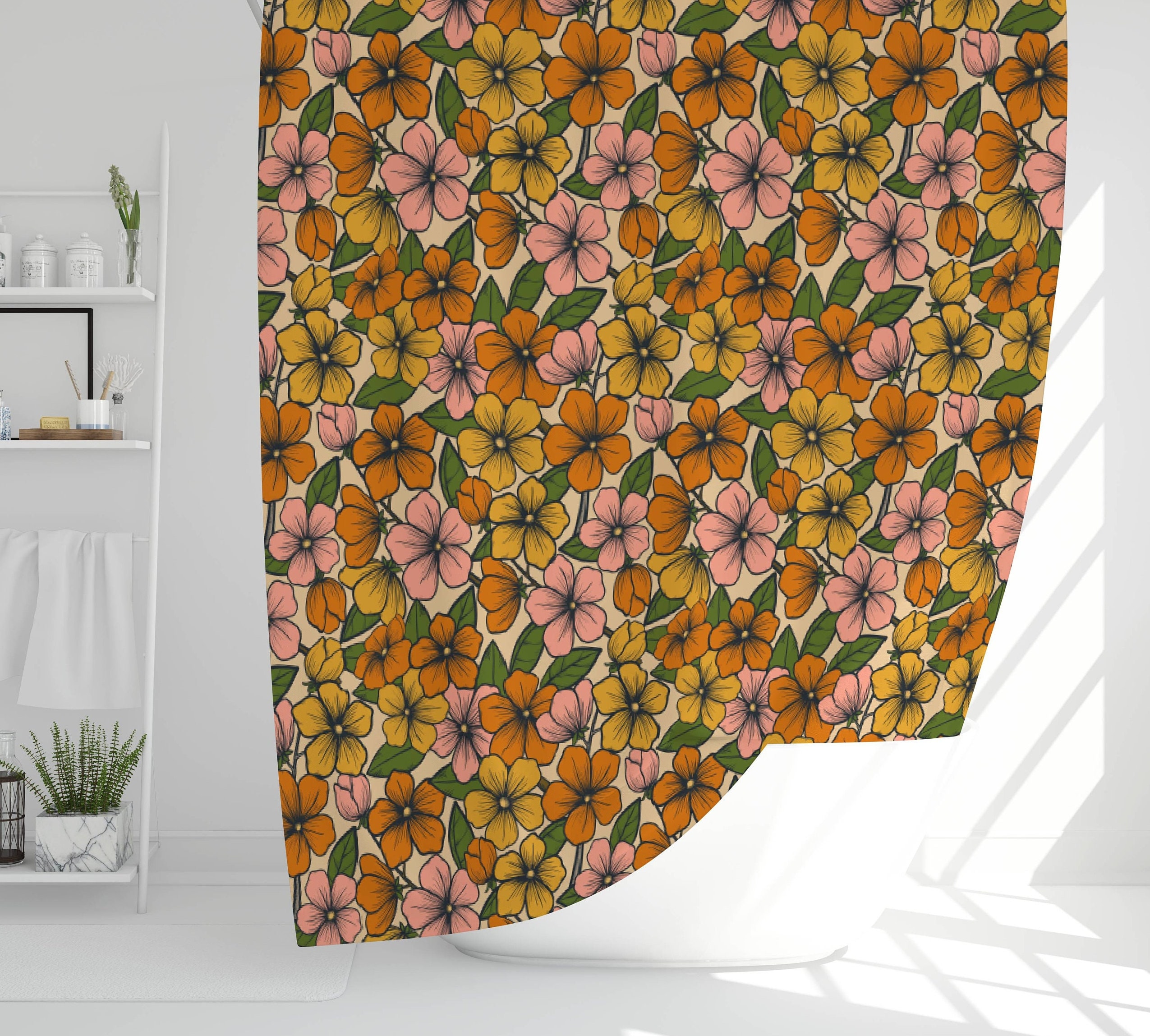 Retro Summer Floral Shower Curtain with Boho Aesthetic Flowers - Cute Bath Accessories Set