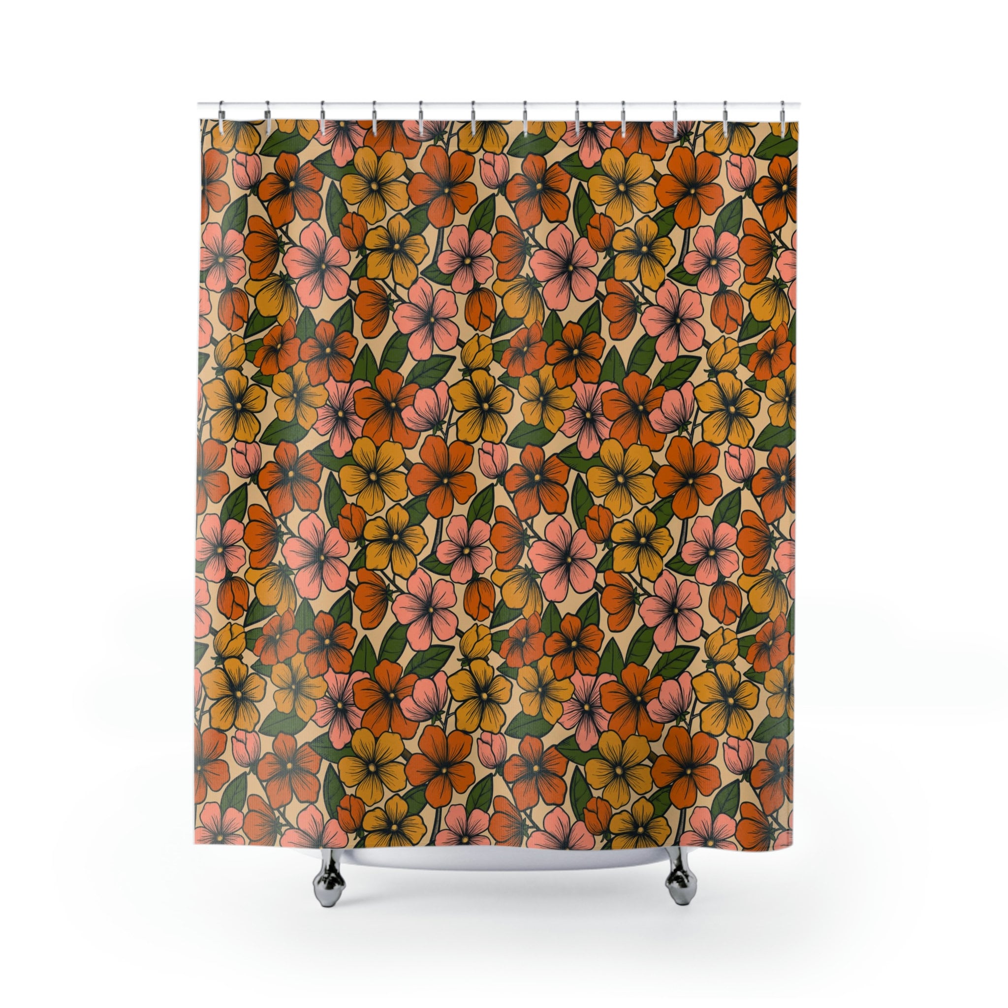 Retro Summer Floral Shower Curtain with Boho Aesthetic Flowers - Cute Bath Accessories Set