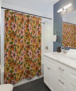 Retro Summer Floral Shower Curtain with Boho Aesthetic Flowers - Cute Bath Accessories Set