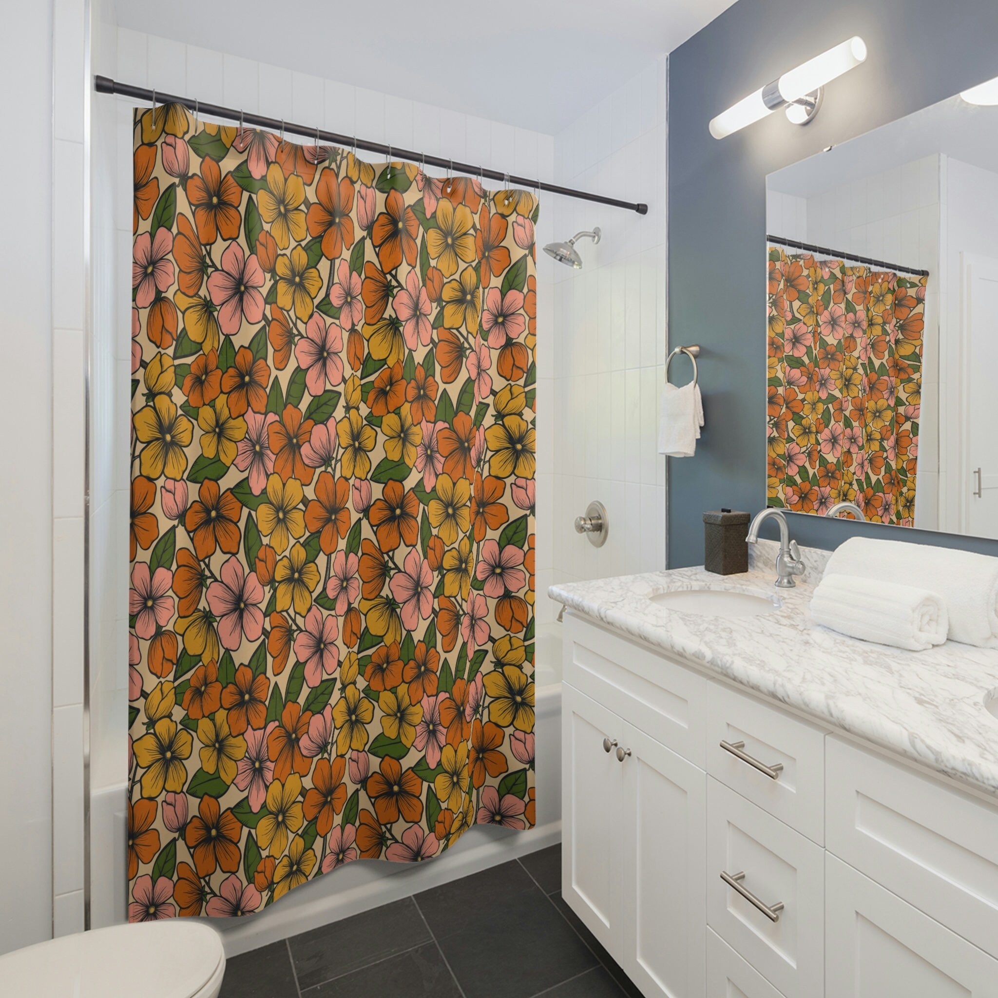 Retro Summer Floral Shower Curtain with Boho Aesthetic Flowers - Cute Bath Accessories Set