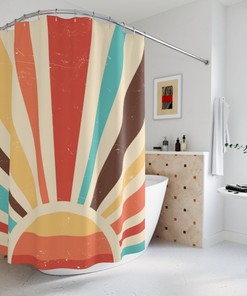 Retro Sun Custom Printed Boho Shower Curtain with Funky Abstract Design - Unique Bath Curtain for Retro Bathroom