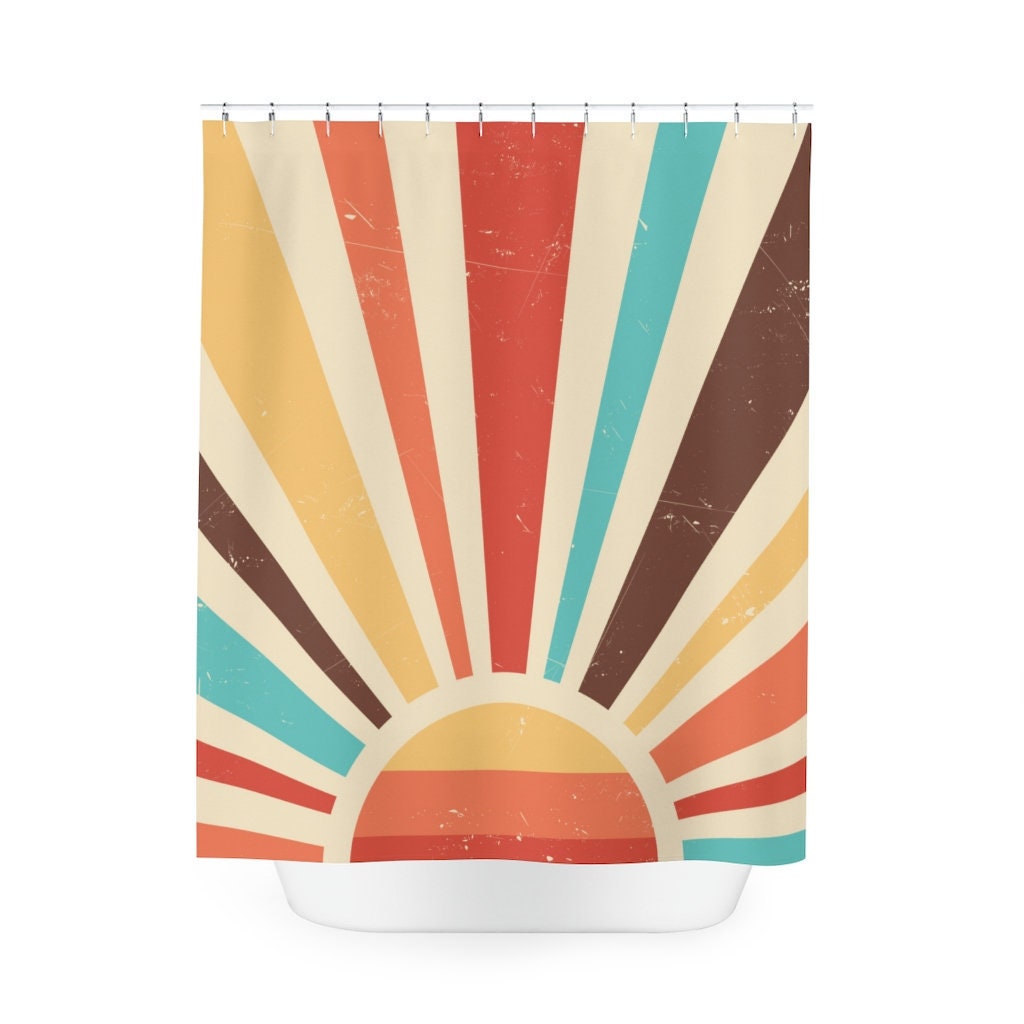 Retro Sun Custom Printed Boho Shower Curtain with Funky Abstract Design - Unique Bath Curtain for Retro Bathroom