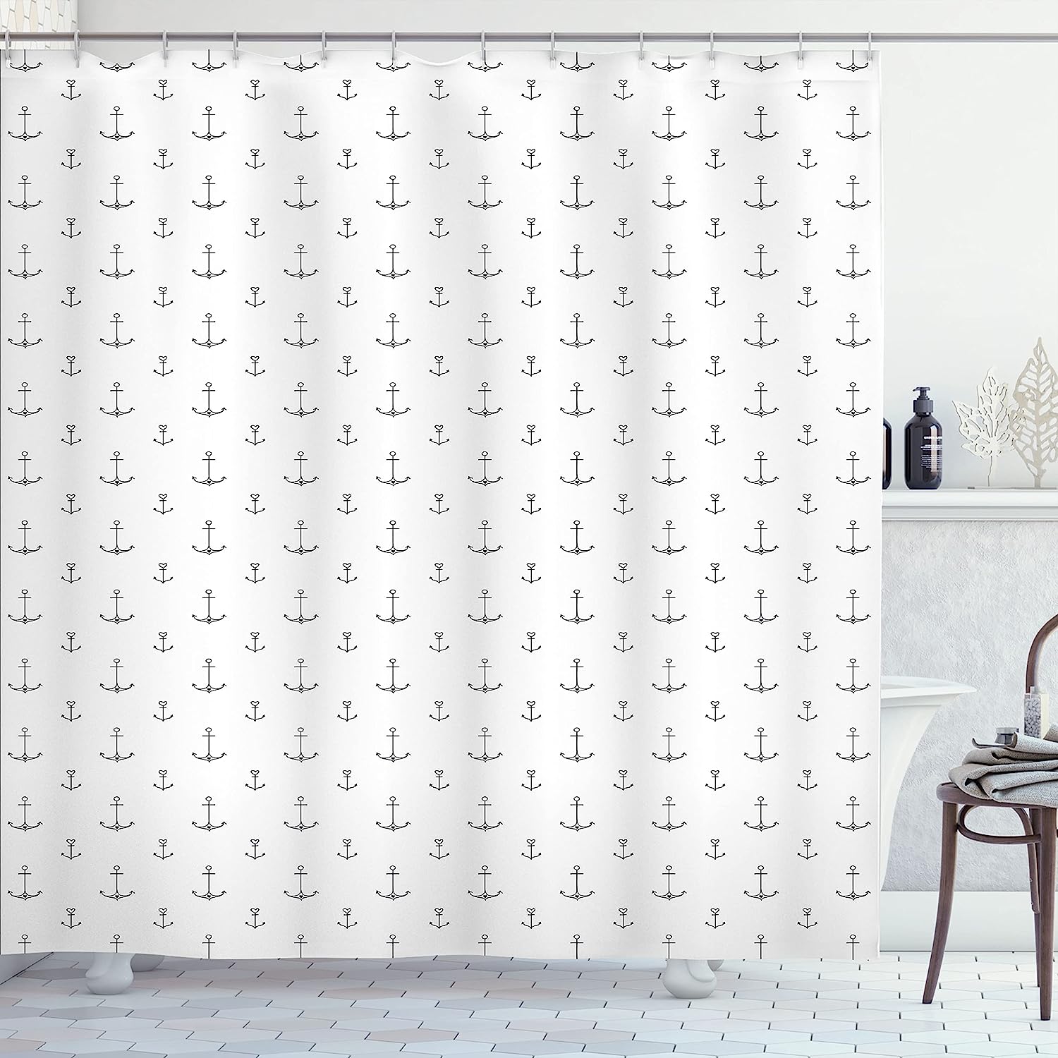 Retro Tattoo Style Hand Drawn Nautical Pattern Hipster Shower Curtain - Cloth Fabric Bathroom Decors In Black White