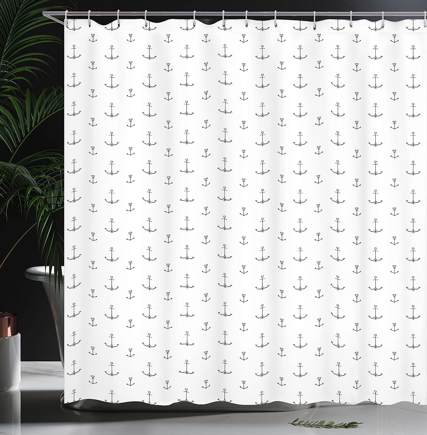 Retro Tattoo Style Hand Drawn Nautical Pattern Hipster Shower Curtain - Cloth Fabric Bathroom Decors In Black White - Image 3