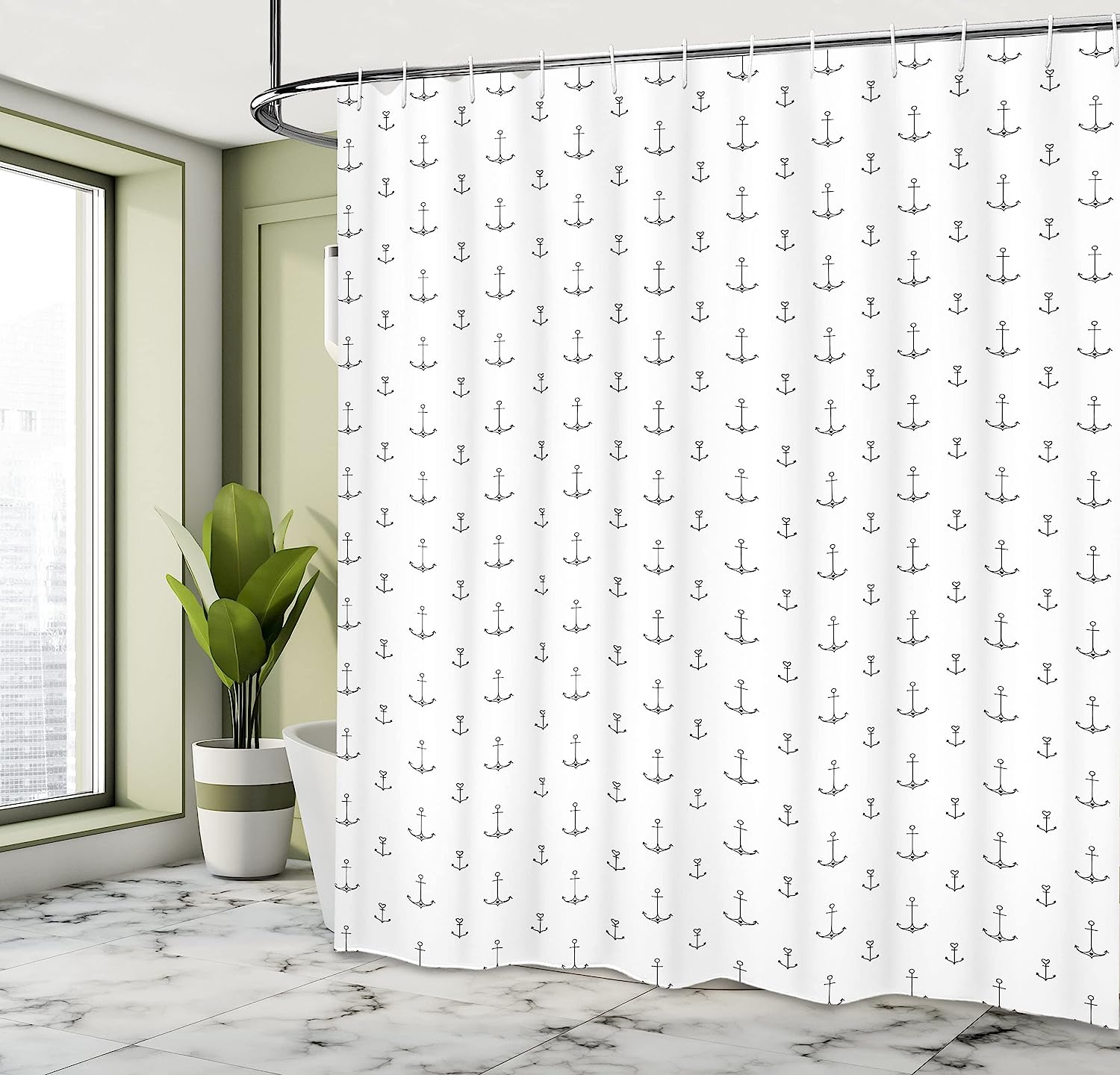 Retro Tattoo Style Hand Drawn Nautical Pattern Hipster Shower Curtain - Cloth Fabric Bathroom Decors In Black White - Image 4
