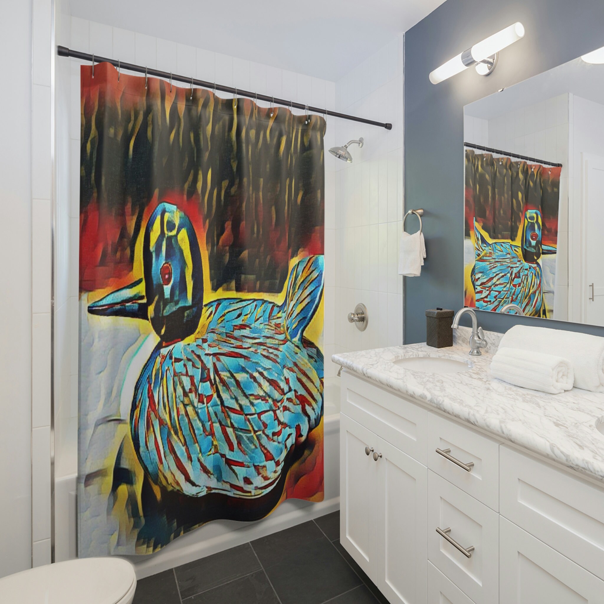 Retro Teal Duck Ducky Shower Curtain for Nostalgic Bathroom
