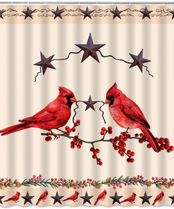 Retro Texas Star Shower Curtain - Red Bird and Berry Prints with Rusty Stars and Southwestern Flair for Farmhouse