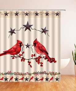 Retro Texas Star Shower Curtain - Red Bird and Berry Prints with Rusty Stars and Southwestern Flair for Farmhouse