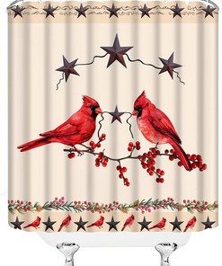Retro Texas Star Shower Curtain - Red Bird and Berry Prints with Rusty Stars and Southwestern Flair for Farmhouse