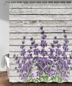 Retro Themed Purple Flowers on Vintage Rustic Wood Shower Curtain