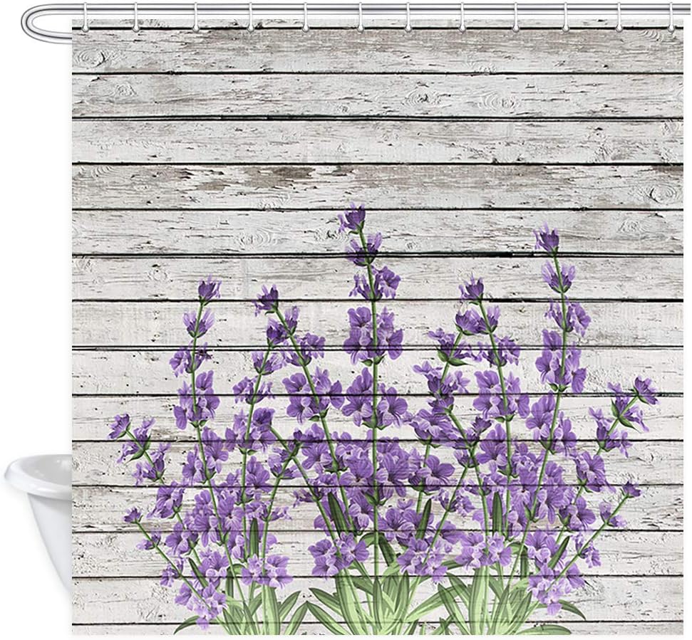 Retro Themed Purple Flowers on Vintage Rustic Wood Shower Curtain