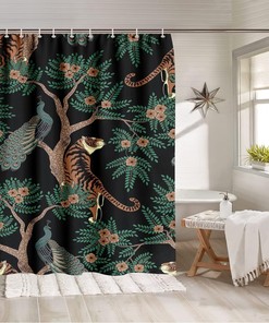 Retro Tiger and Peacock Print Shower Curtain for a Bold and Vintage Bathroom