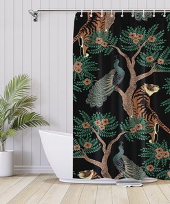 Retro Tiger and Peacock Print Shower Curtain for a Bold and Vintage Bathroom