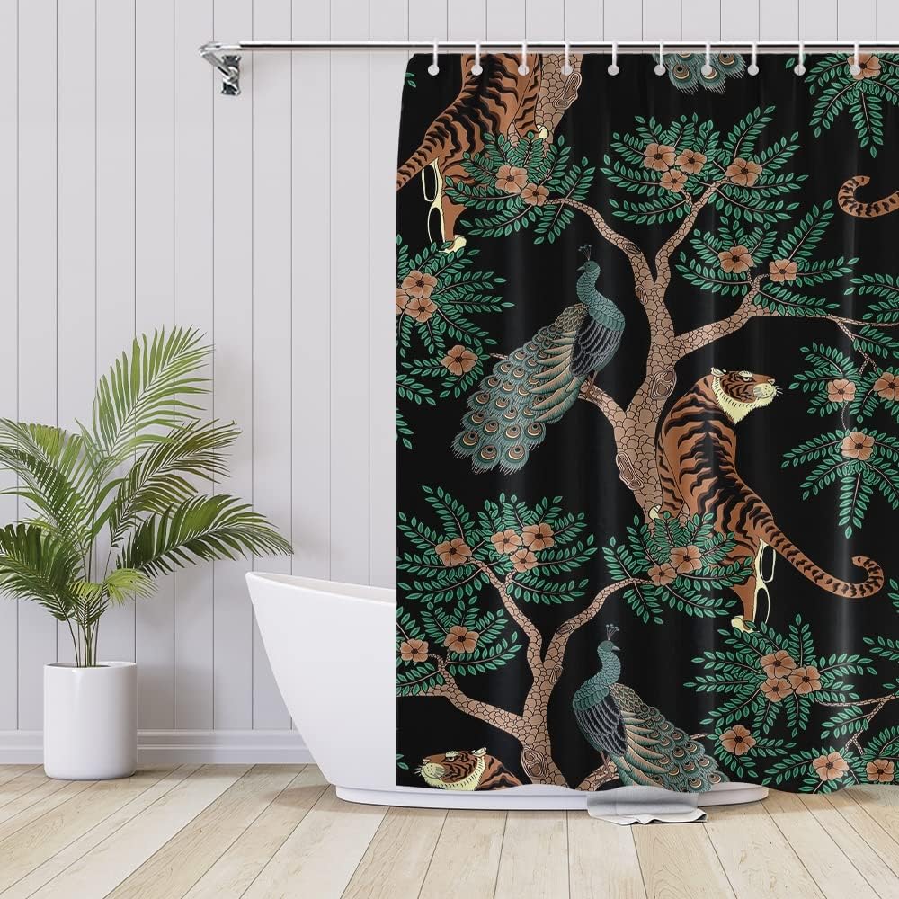 Retro Tiger and Peacock Print Shower Curtain for a Bold and Vintage Bathroom