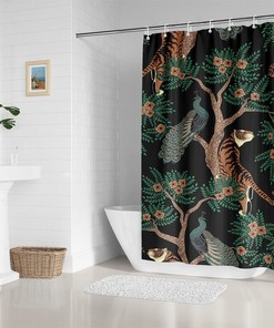 Retro Tiger and Peacock Print Shower Curtain for a Bold and Vintage Bathroom