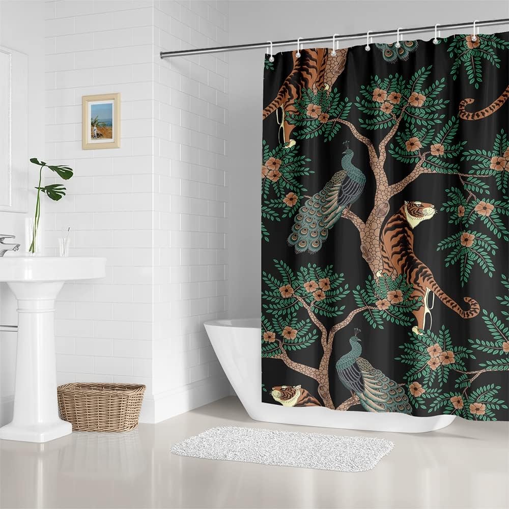 Retro Tiger and Peacock Print Shower Curtain for a Bold and Vintage Bathroom