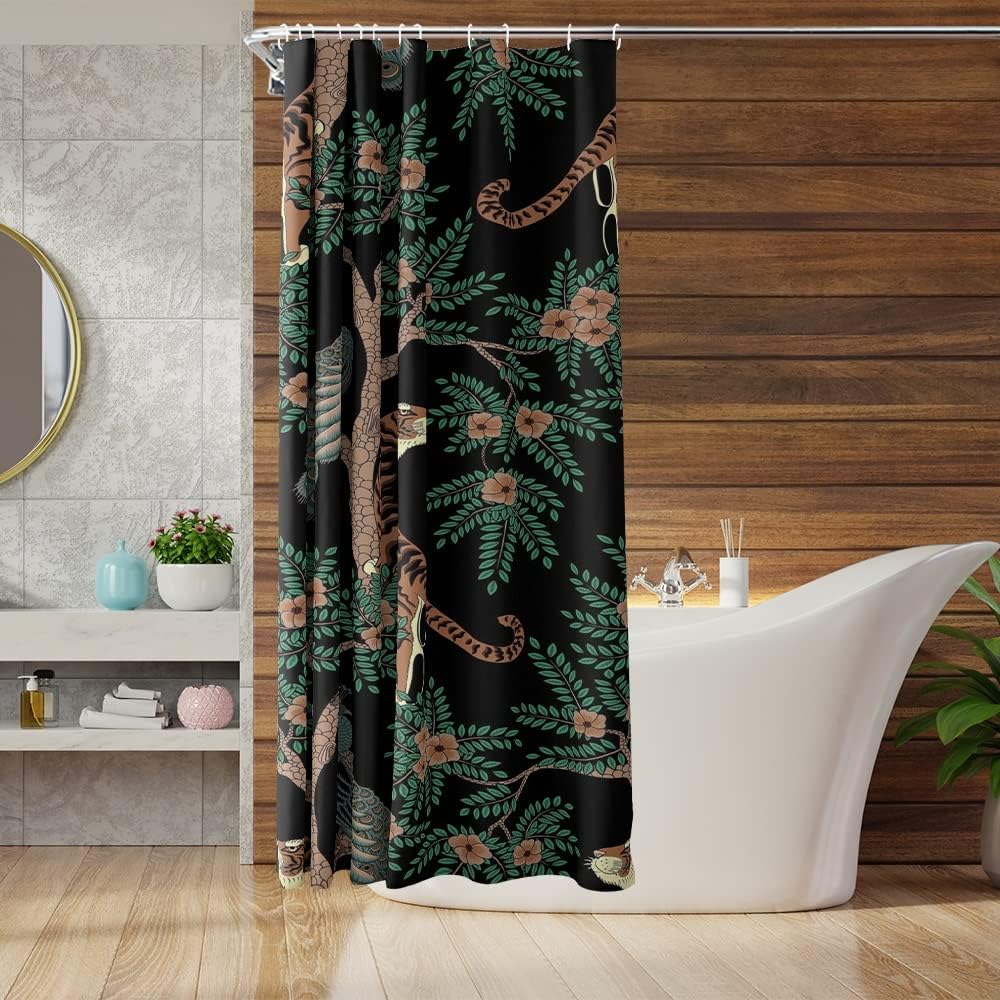 Retro Tiger and Peacock Print Shower Curtain for a Bold and Vintage Bathroom