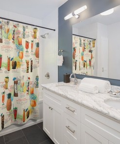 Retro Tiki Drink Menu Shower Curtain with Vintage Tropical Design - perfect for mid century modern tropical lifestyle