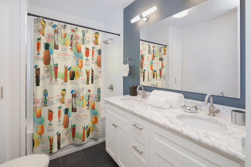 Retro Tiki Drink Menu Shower Curtain with Vintage Tropical Design - perfect for mid century modern tropical lifestyle