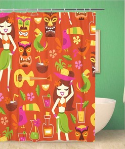 Retro Tiki Luau Party Shower Curtain with 1960s Design - Waterproof Fabric Bathroom Curtains