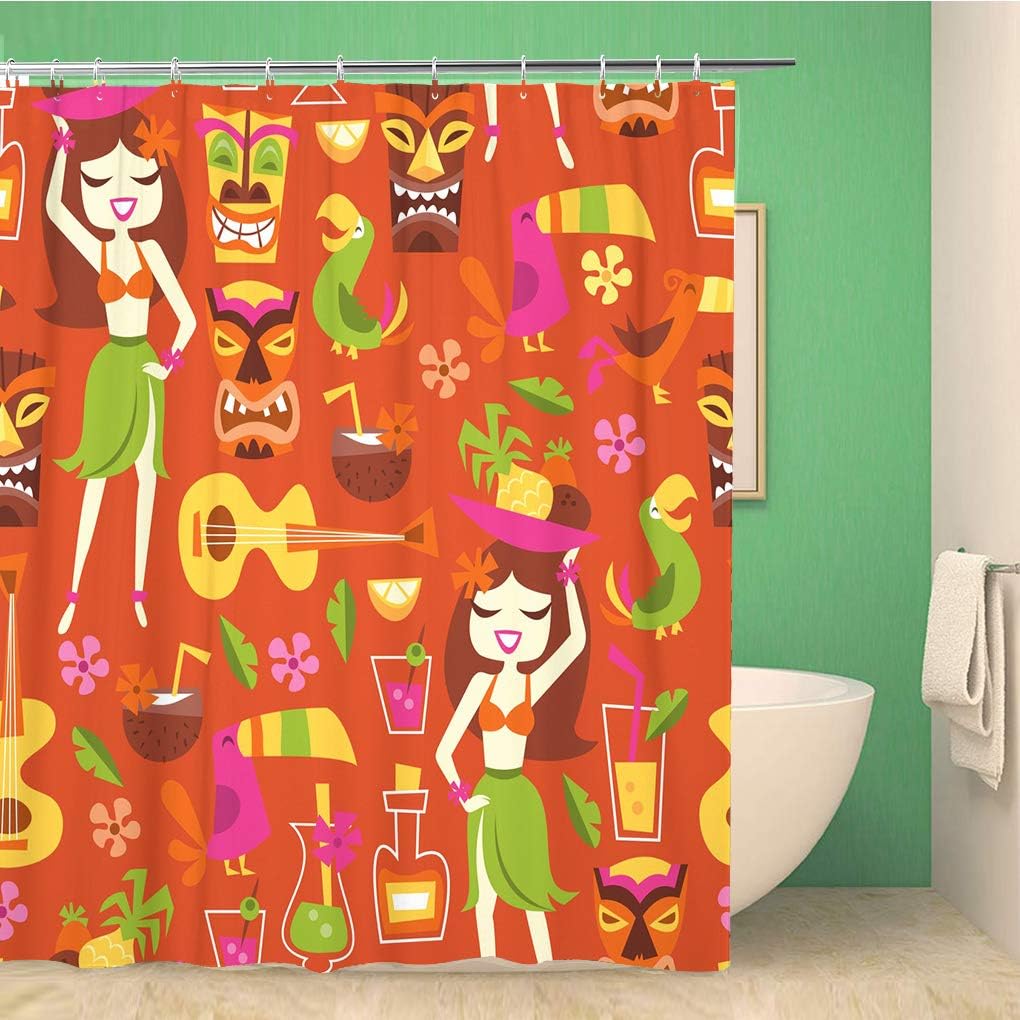 Retro Tiki Luau Party Shower Curtain with 1960s Design - Waterproof Fabric Bathroom Curtains