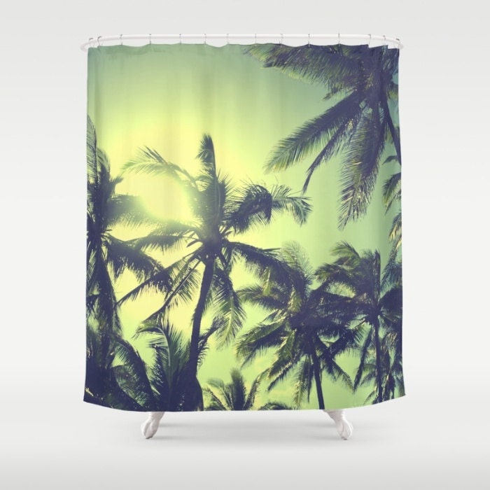 Retro Tropical Shower Curtain with Palm Trees and Beach Theme - Hawaiian Bath Accessory for Bathroom