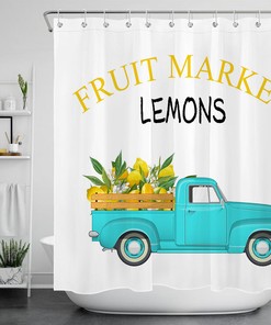 Retro Truck Lemon Shower Curtain - Farmhouse Fruit Market Bathroom Accent for Home Decor