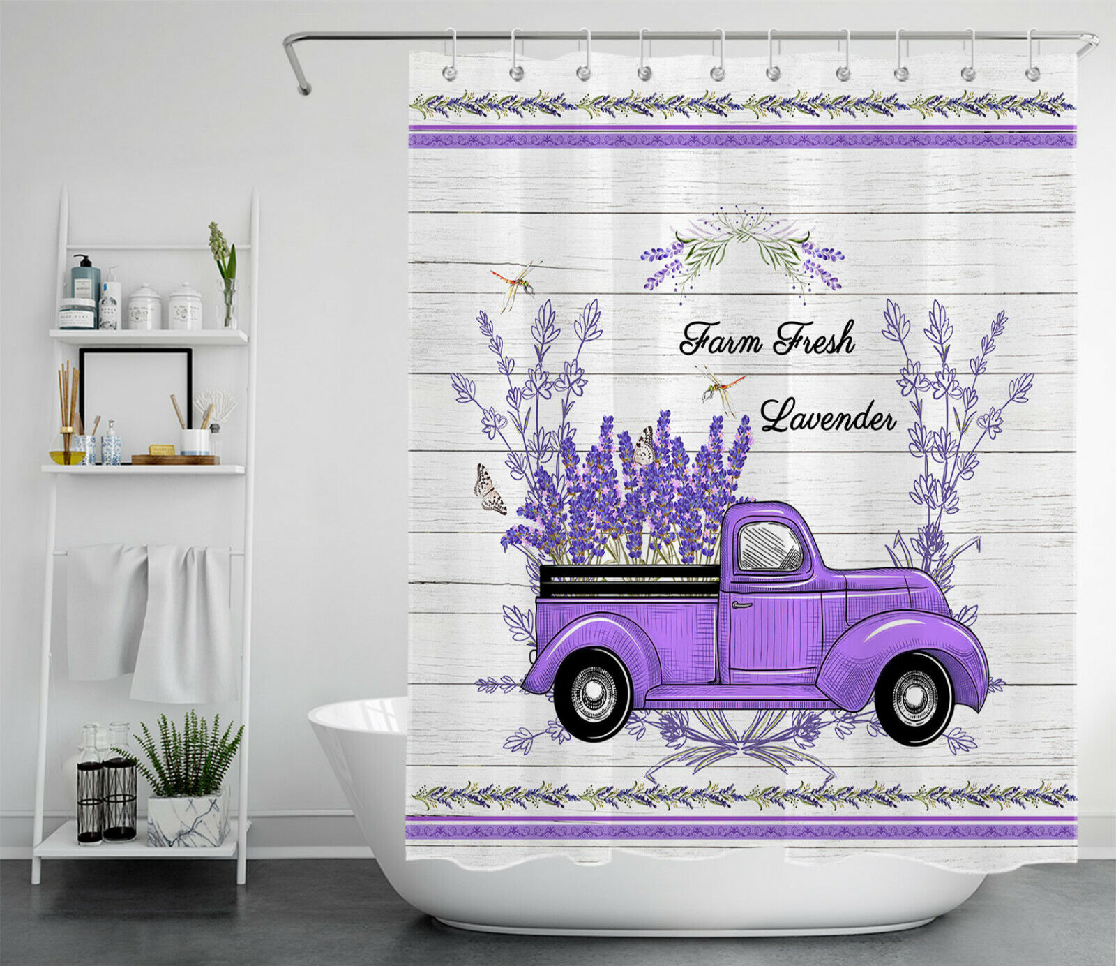 Retro Truck Purple Lavender Dragonfly Butterfly Shower Curtain - Rustic Farmhouse Bath Accessory for Bathroom Decor