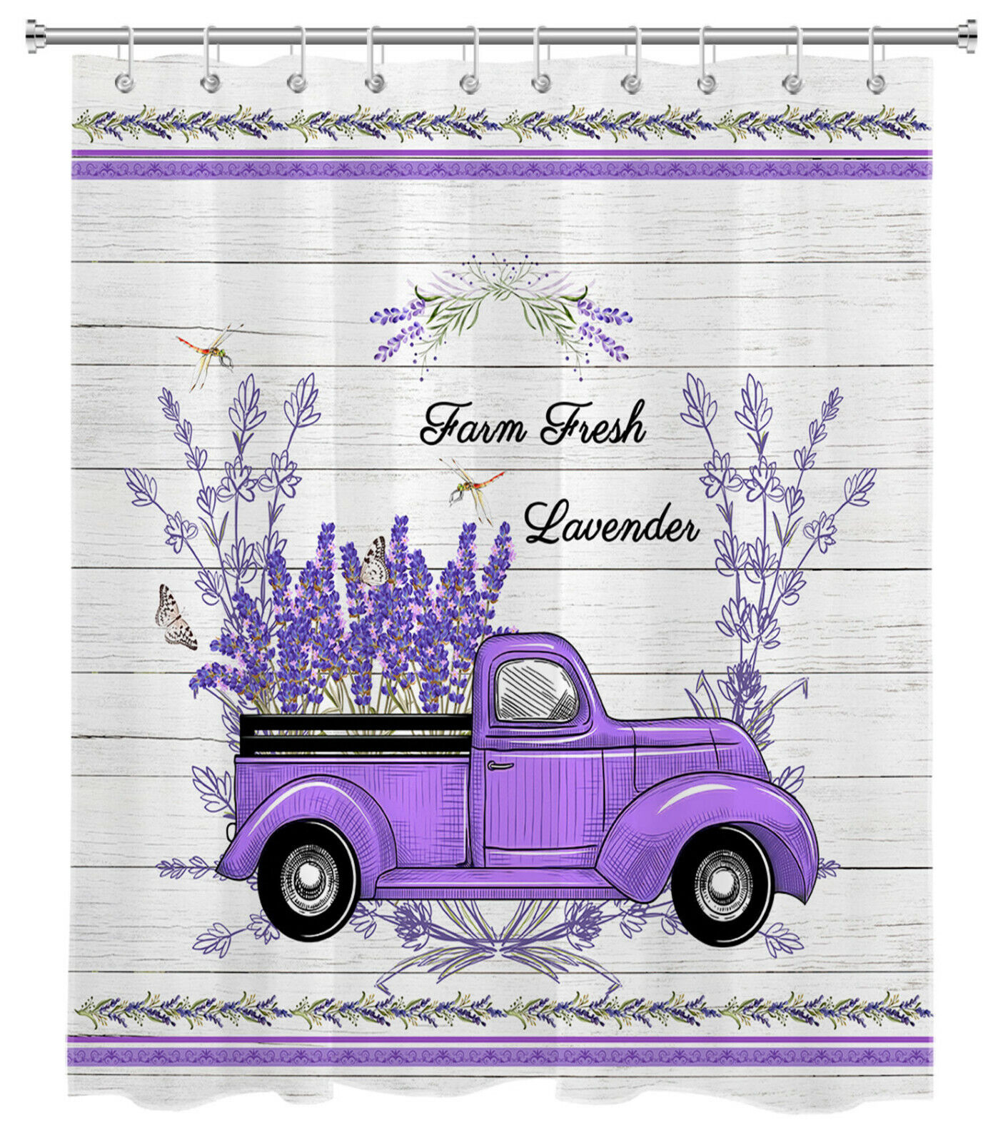Retro Truck Purple Lavender Dragonfly Butterfly Shower Curtain - Rustic Farmhouse Bath Accessory for Bathroom Decor