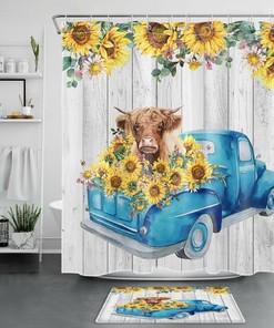 Retro Truck Sunflower Cow Shower Curtain - Rustic Farmhouse Bathroom Decor for Home