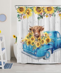 Retro Truck Sunflower Cow Shower Curtain - Rustic Farmhouse Bathroom Decor for Home