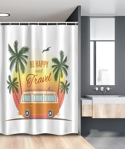 Retro Van And Palm Trees Shower Curtain For Travel Themed Bathroom Decor