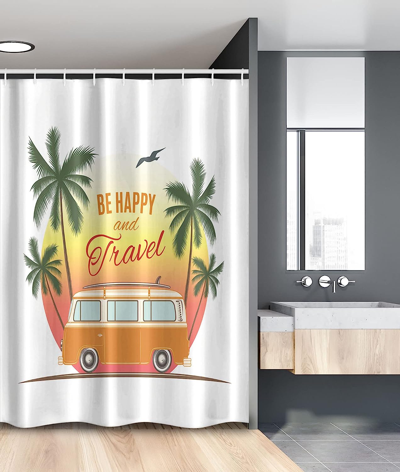 Retro Van And Palm Trees Shower Curtain For Travel Themed Bathroom Decor