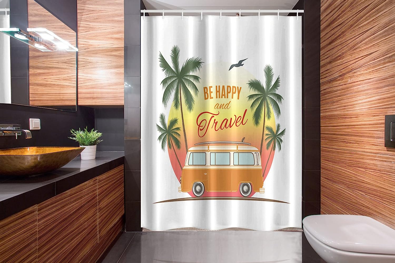 Retro Van And Palm Trees Shower Curtain For Travel Themed Bathroom Decor - Image 2