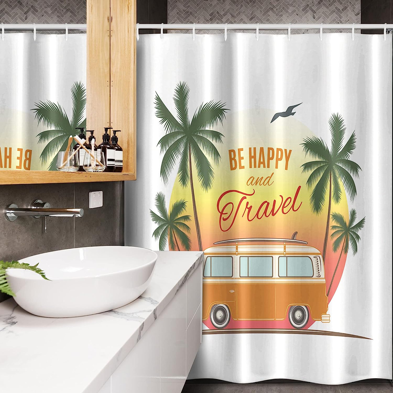 Retro Van And Palm Trees Shower Curtain For Travel Themed Bathroom Decor - Image 3